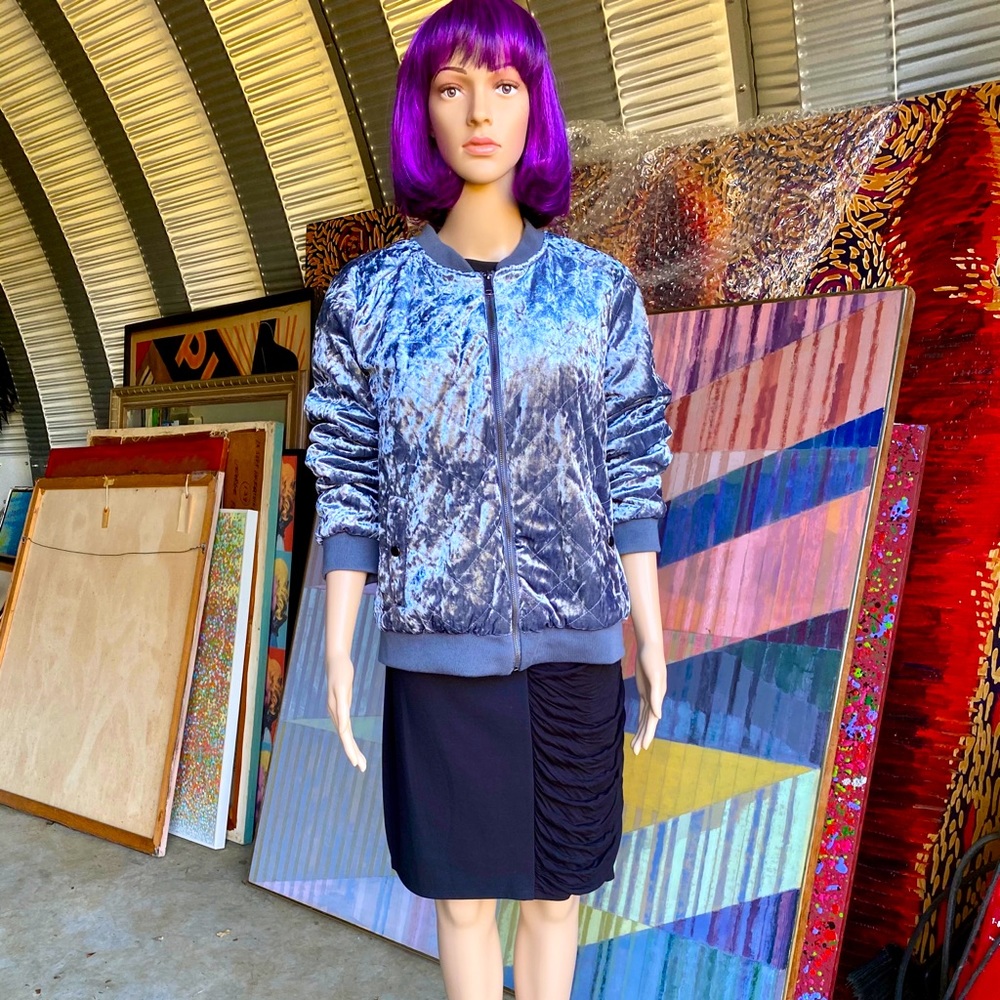 Jade & Ivory Blue Crushed Velvet Bomber Jacket